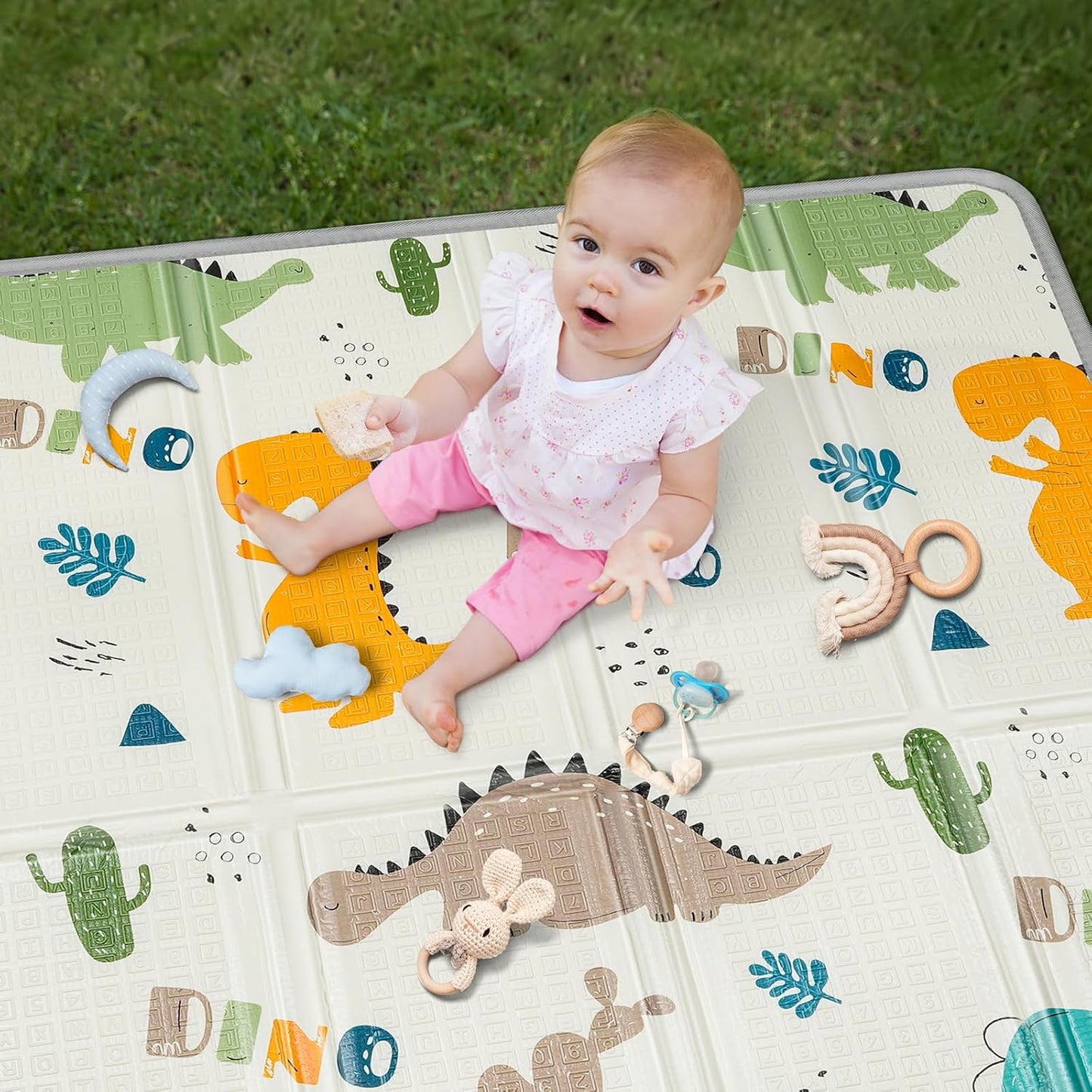 Foldable Baby Play Mat, PIGLOG 0.6in Thick Waterproof Playmats for Babies and Toddlers Kids, Safe Foam Playmat for Tummy Time, 50x50 Playpen Mat, Reversible Portable Floor Mat for Infant, Dinosaur