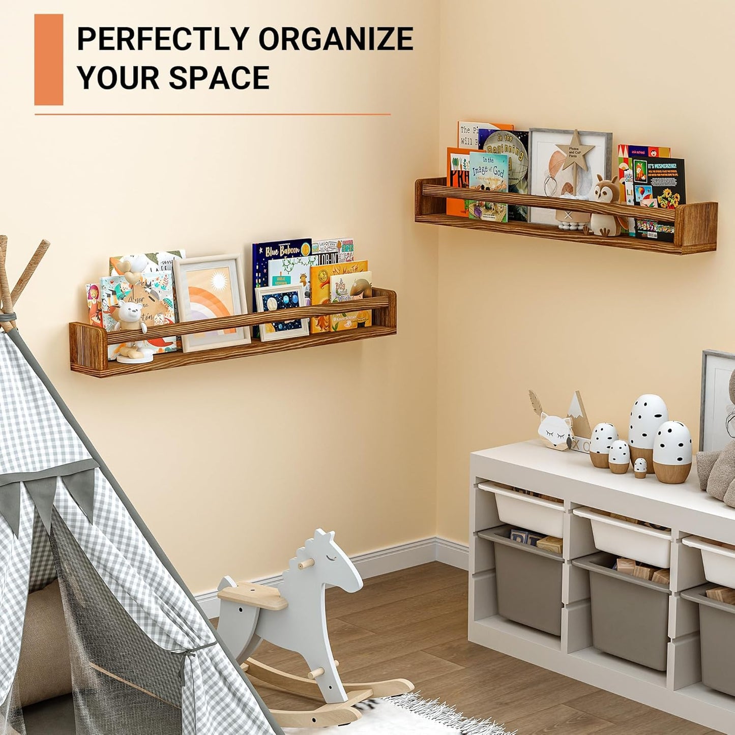 Heimlove Nursery Floating Shelves - 32 inch Solid Wood Wall Mounted Book Shelves for Kids, Set of 3