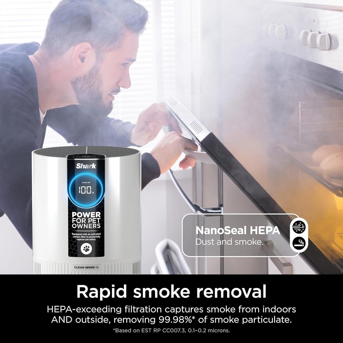 Shark Air Purifier For Home Pets, Allergies, Pet Hair, HEPA Air Filter, 500 Sq Ft, Small Room, Bedroom, Odor Eliminator Clean Sense, Captures 99.98% of Particles, Pet Dander, Fur, Allergens HP102PET