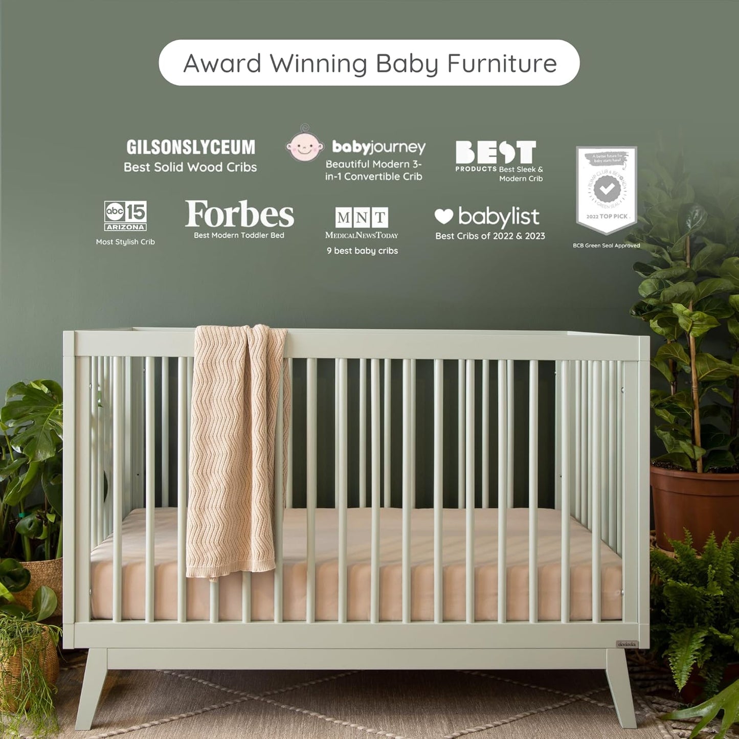 dadada Baby Soho 3-in-1 Convertible Wooden Crib to Toddler Bed - Made in Italy, GREENGUARD Gold Certified, Baby-Safe Finish, Sustainable Beech Wood, Modern Design, 3 Adjustable Heights (Sage)