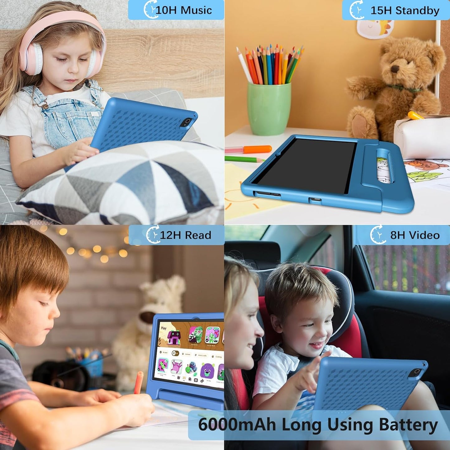 Kids Tablet 8GB+64GB, 10 Inch Android 14 Tablet for Kids 6000mAh with Case, WiFi 6, Bth 5.2, Dual Camera, GPS Pre-Installed Parental Controls, Kids Space & Family Link Great Gift for Toddler Children