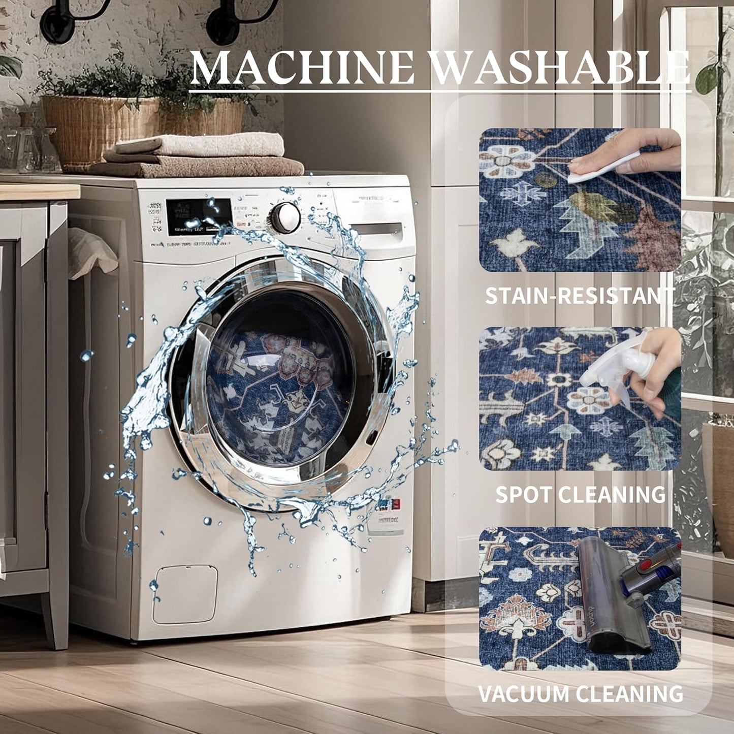 9x12 Area Rug Washable: Oriental Soft Area Rug for Living Room Bedroom No Shedding - Low Pile Thin Carpet Rug for Dining Room Non Slip - Boho Vintage Rug for Home Decor - Navy Blue