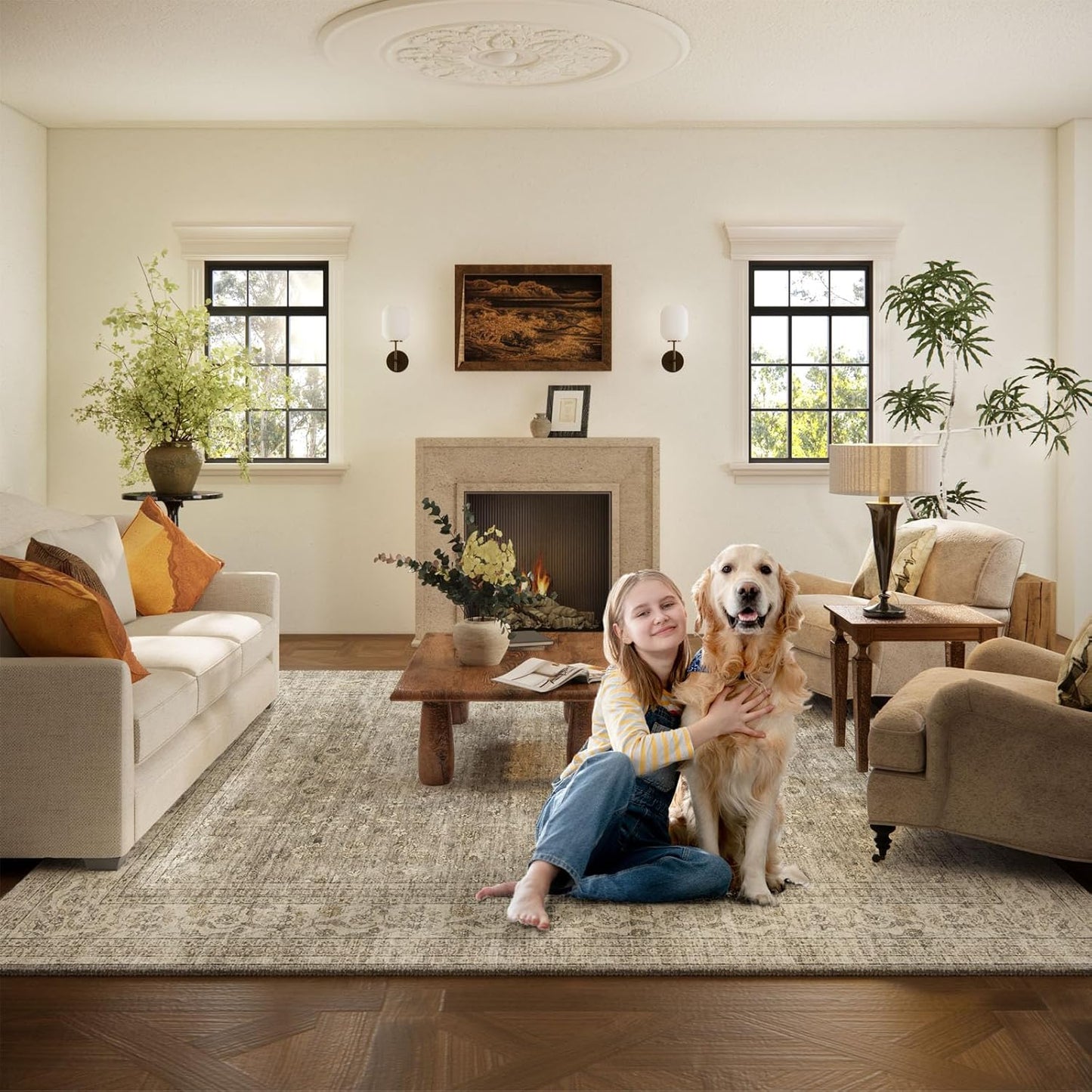 Machine Washable Rugs for Living Room: 5x7 Area Rugs for Bedroom Vintage Stain Resistant Non Slip Low Pile Lightweight Boho Carpet for Kitchen Dining Room Farmhouse Kids Room Nursery