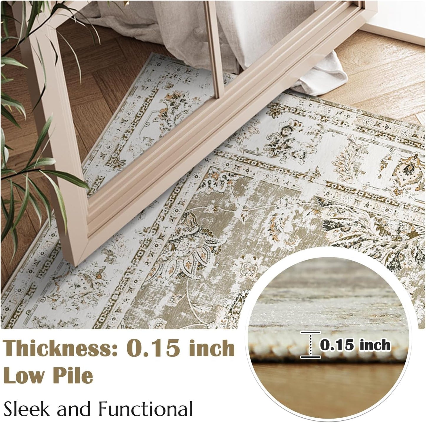 jinchan Runner Rug 2x5 Machine Washable Hallway Rug Taupe Vintage Floral Print Non-Slip Low Pile Ultra-Thin for Kitchen,Entryway,Laundry Room,Bedroom,Farmhouse (2‘x5’,Taupe)