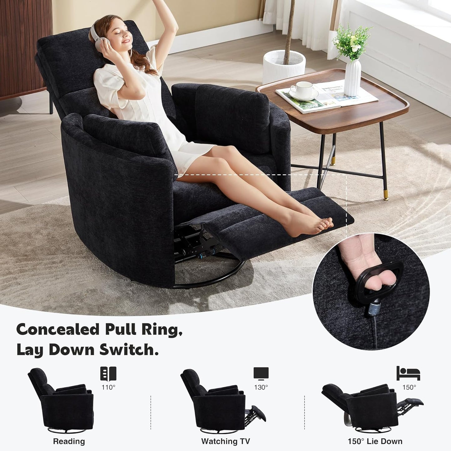 Swivel Rocker Recliner Chair, Manual Swivel Rocking Glider Chair for Nursery Adult Rocking Chair with 2 Pillows for Living Room Bedroom (Black, Manual Operation)
