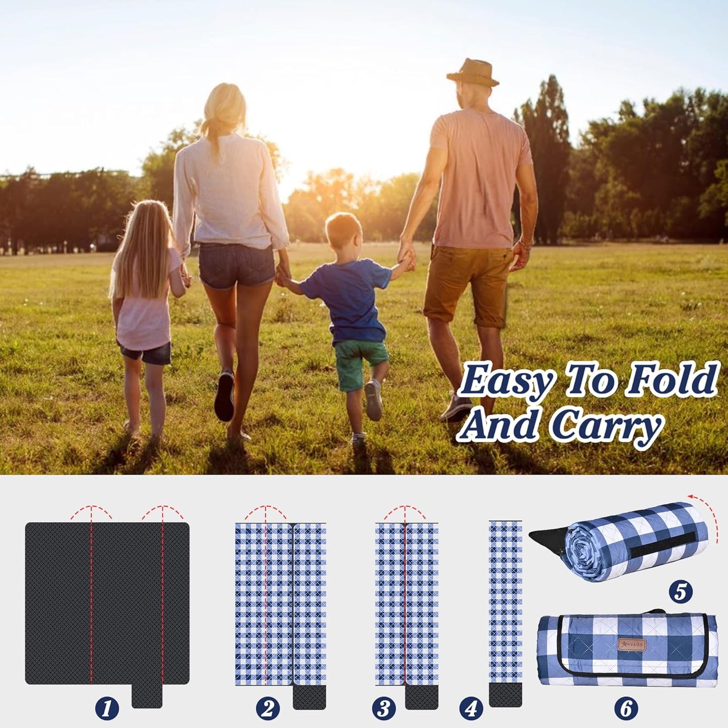 HX&OD Outdoor Picnic Blanket, Extra Large, 80''x80'' Waterproof Foldable Blankets Gingham Picnic Mat for Beach, Camping Grass Lawn Park Accessories Cute Couple Ideas Wedding (Blue, 80”x80”)