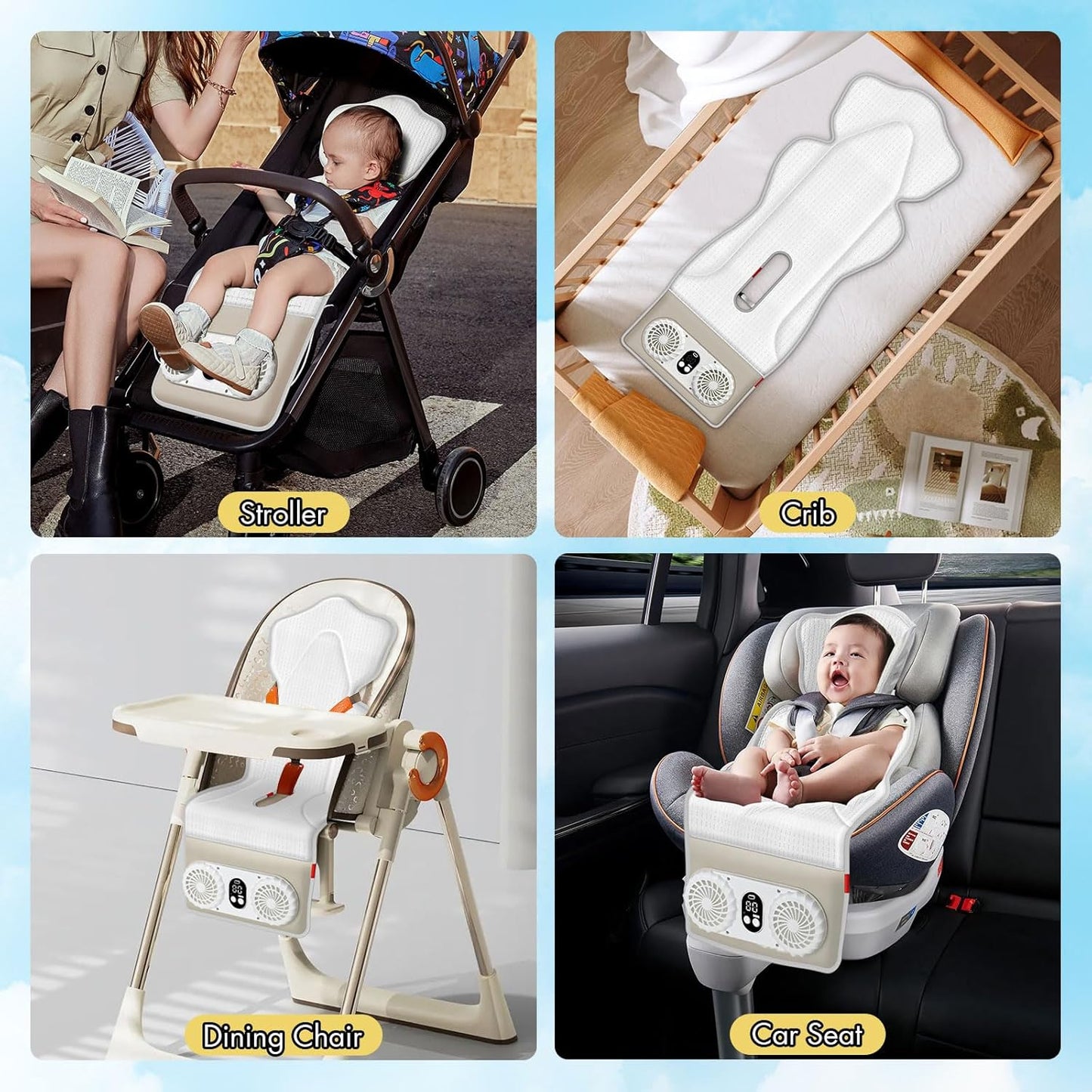 TRELC Baby Stroller Cooling Pad with 2 Fans, 3 Speeds Cooling Cushion, 10000mA Rechargeable Battery, Timer Setting, Breathable & Washable Cooling Pad Liners for Stroller Crib Summer Baby Essentials