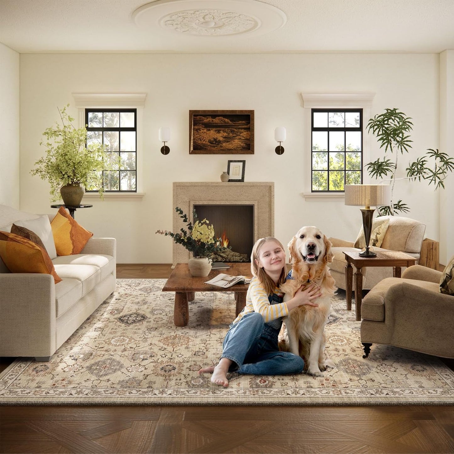 Machine Washable Rug for Living Room: 5x7 Area Rugs Boho Vintage Rug Stain Resistant Non Slip Low Pile Soft Lightweight Carpets for Bedroom Kitchen Dining Room Nursery Kids Room Farmhouse