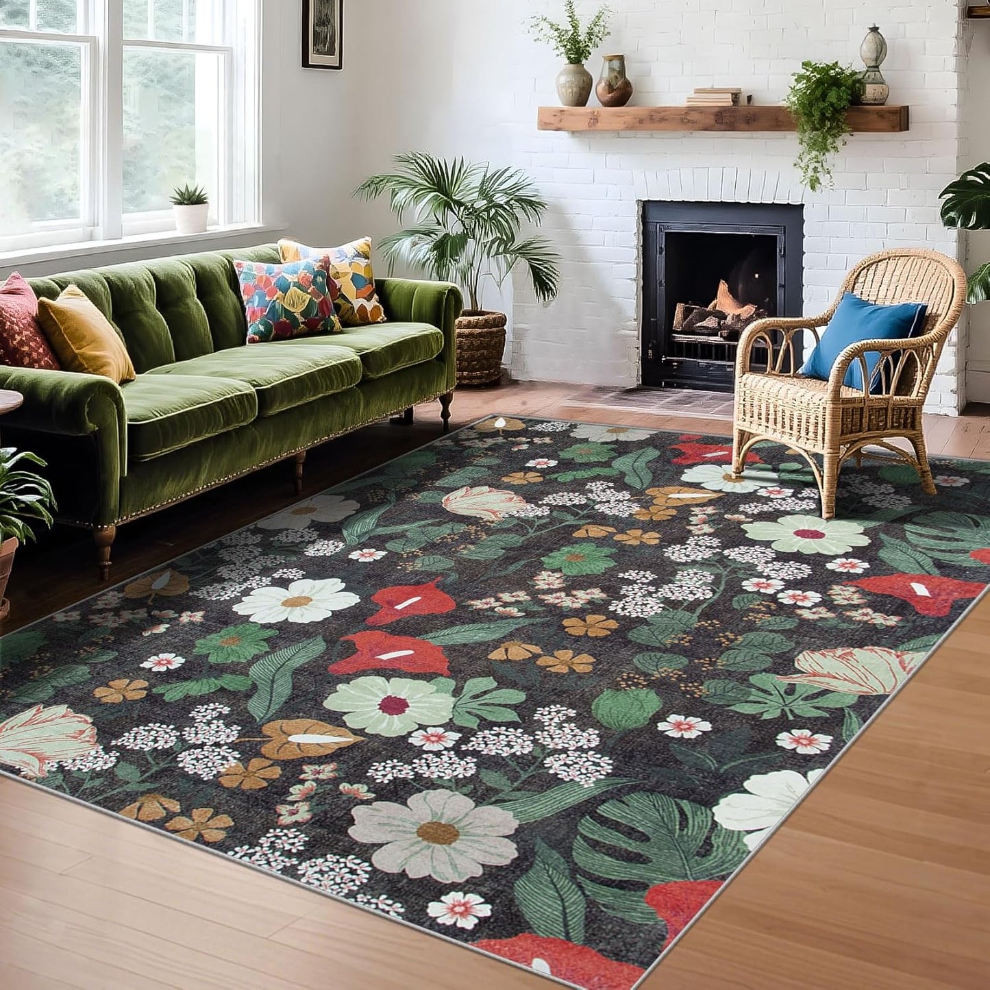 Area Rug Living Room Rugs: 6x9 Washable Rug Vintage Floral Soft Boho Non Slip Carpet Indoor Floor Non Shedding Low Pile Thin Carpets for Bedroom Dining Room Farmhouse Nursery Home Office Green