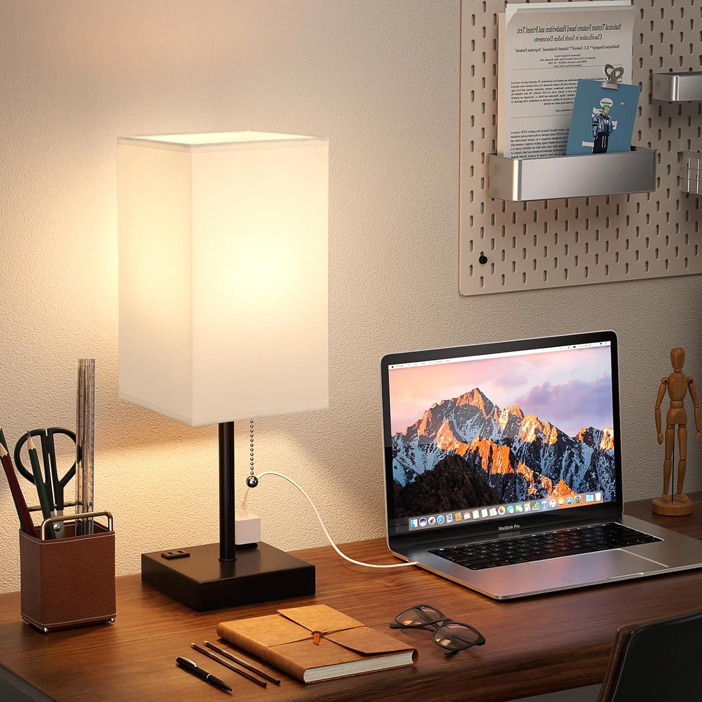 Plus Bedside Table Lamps Set of 2 - White Bedroom Lamps with 3 Colors, Square Nightstand Lamp with USB C + A Charging Ports and 2 AC Outlets, Pull Chain Night Light for End Table