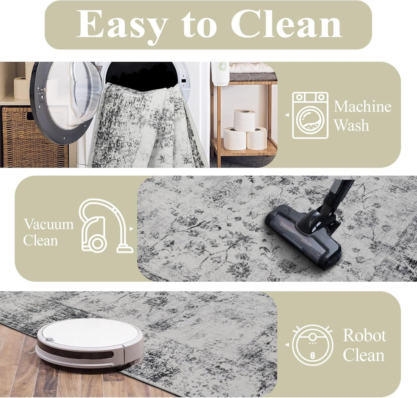 Washable Area Rugs 8x10, Large Rugs for Living Room, Carpet for Bedroom, Soft Faux Wool Retro Dining Room Rug, Non-Slip Backing Resistant Low Pile Vintage Print Rug for Home Office (White/Grey)