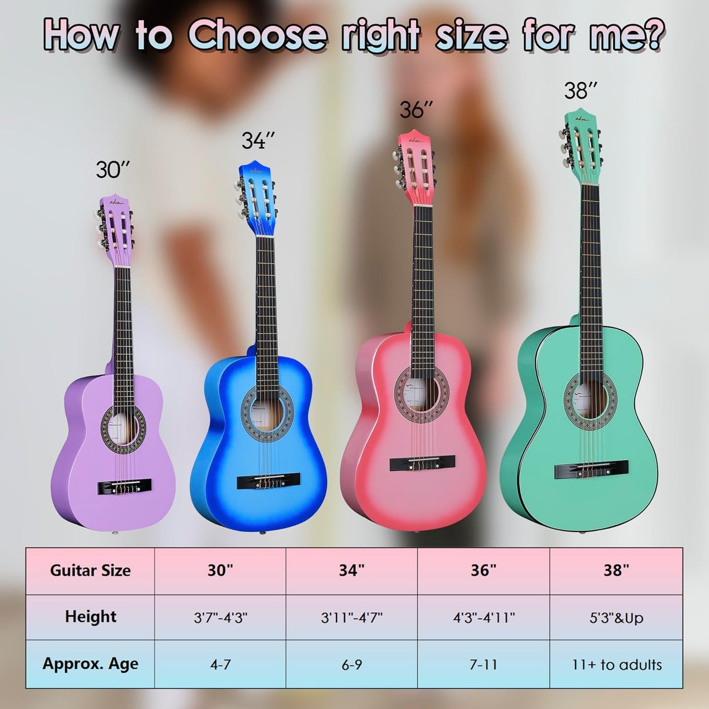 ADM Beginner Acoustic Classical Guitar 30 Inch Nylon Strings Wooden Guitar Bundle Kit for Kid Boy Girl Student Youth Guitarra Online Lessons with Gig Bag, Strap, Tuner, Extra Strings, Picks,Pink 1