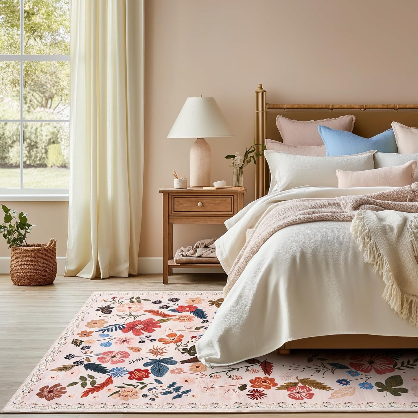 5x8 Boho Floral Area Rugs Soft Washable Stain Resistant Indoor Floor Carpet Rug Vintage Beige Low Pile Non Slip Rug Spring Farmhouse for Living Room Bedroom Dining Room Playroom Nursery Family Room