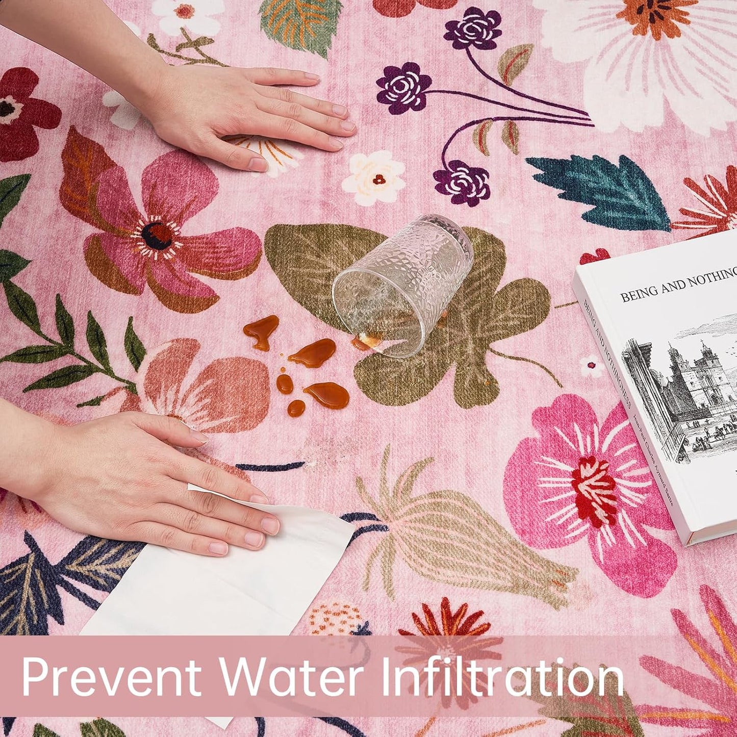 Nursery Rug 8x10 Pink Floral Rugs Boho Washable Retro Aesthetic Low Pile Non Slip Stain Resistant Large Area Rug for Girls Bedroom Living Room Dining Room Kids Playroom College Dorm Carpet