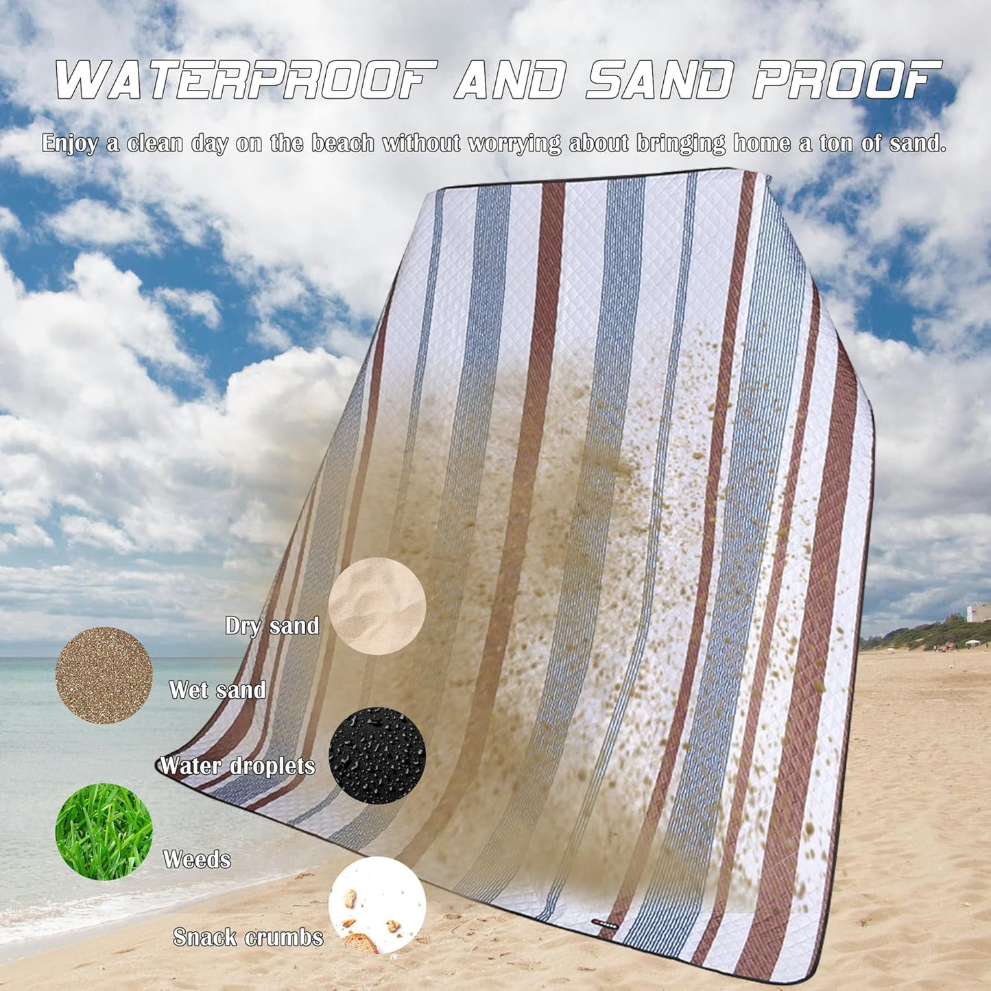 Waterproof Picnic Mat, Outdoor Camping Oversized Field Blanket. Portable Thickened Camping Blanket, Suitable for Beach, Camping, Music Festival, Party, Outdoor Adventure. (Brown&Blue&White, 80”x60”)