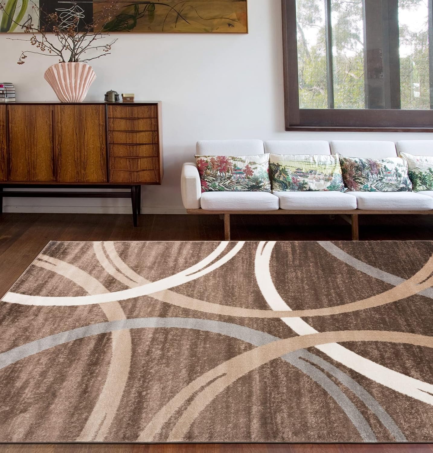Rugshop Modern Wavy Circles Design Area Rug 5' 3" x 7' 3" Brown