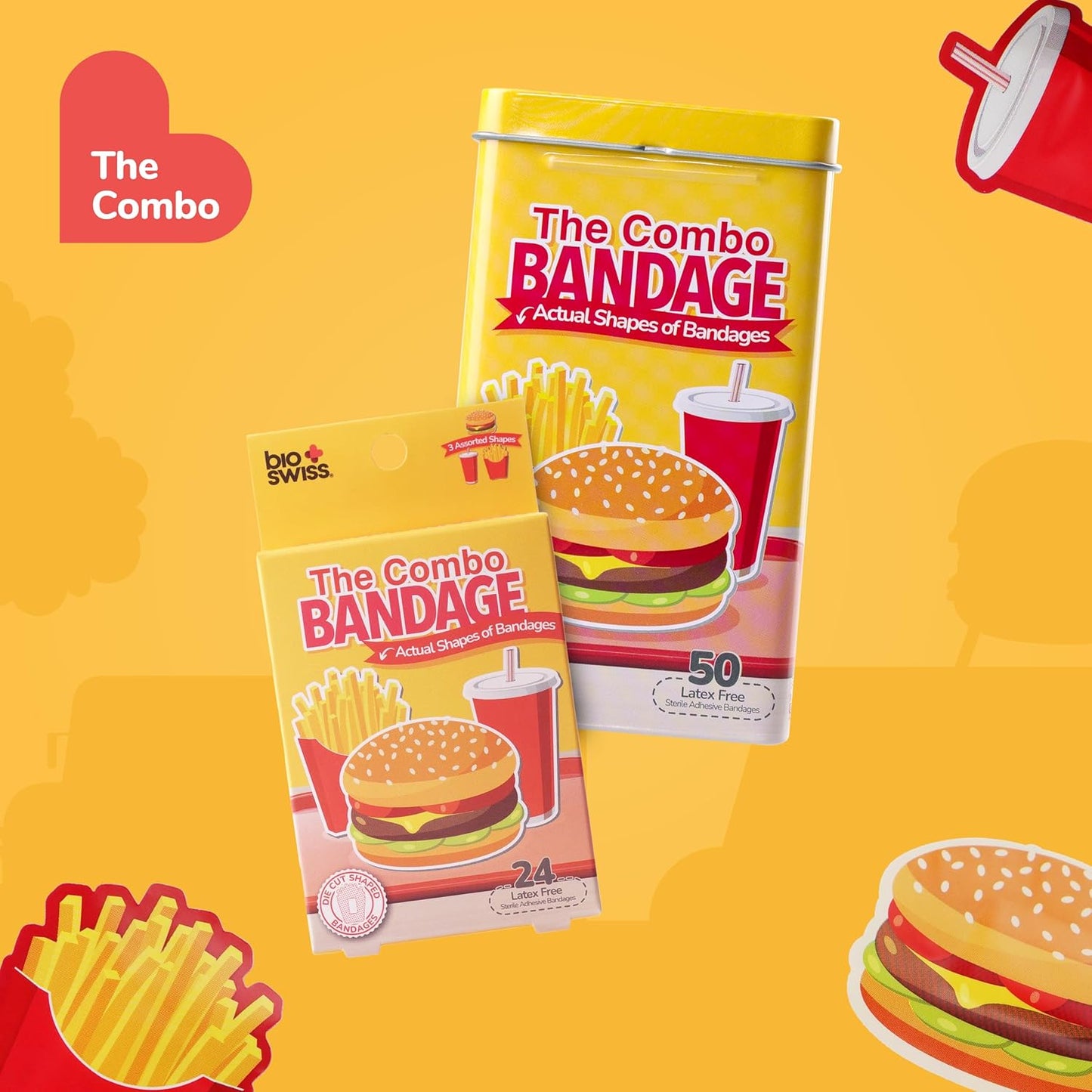 BioSwiss Bandages, Combo Meal Shaped Self Adhesive Bandage, Latex Free Sterile Wound Care, Fun First Aid Kit Supplies for Kids, 50 Count