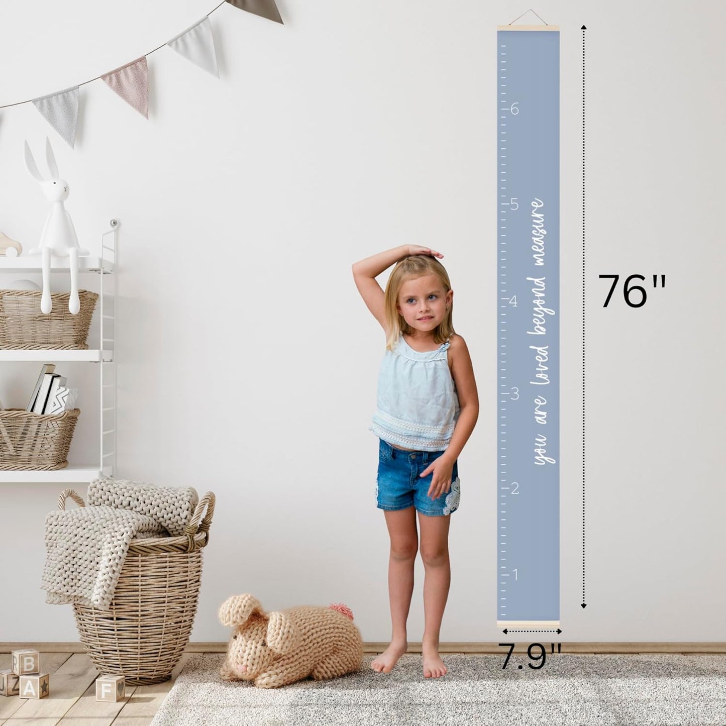 Morxy Canvas Growth Chart for Kids - Unisex Kids Room Wall Decor - Measuring Height Chart- Wall Tape with Height Chart for Kids (Canvas, Loved Beyond Measure- Blue)