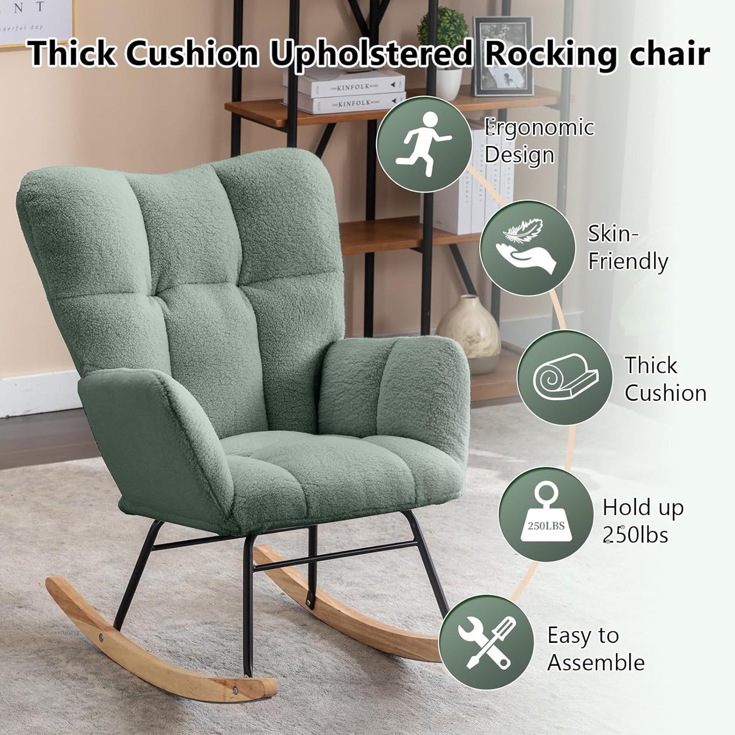 NIOIIKIT Nursery Rocking Chair Teddy Upholstered Glider Rocker Rocking Accent Chair Padded Seat with High Backrest Armchair Comfy Side Chair for Living Room Bedroom Offices (Olive Green)