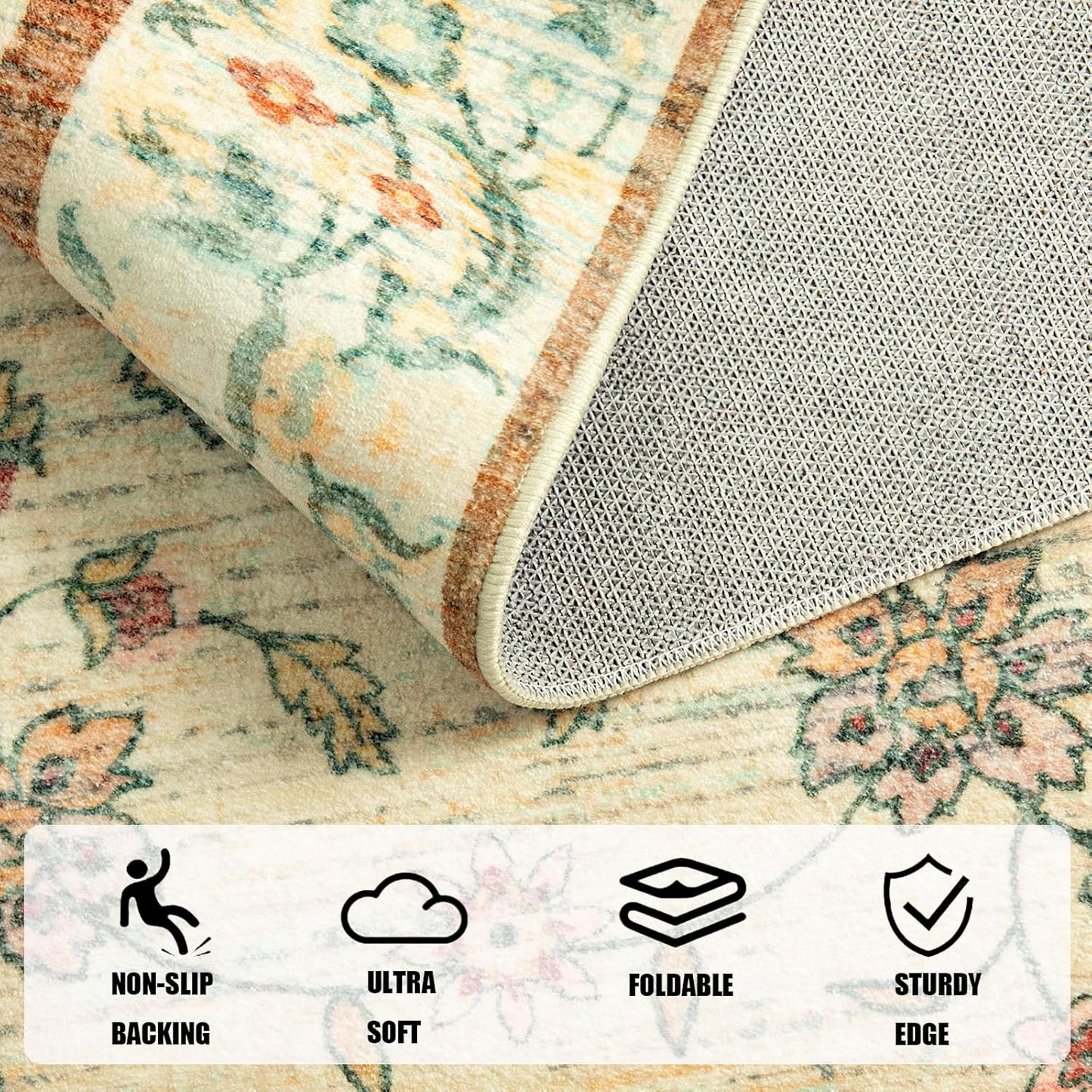 LOCHAS Washable Area Rugs 8x10, Beige Floral Rug for Living Room Bedroom Non Slip, Ultra Soft Vintage Indoor Carpet for Kids, Nursery, Dorm, Dining Room, Classroom, Boho Flower Home Decor, Low-Pile