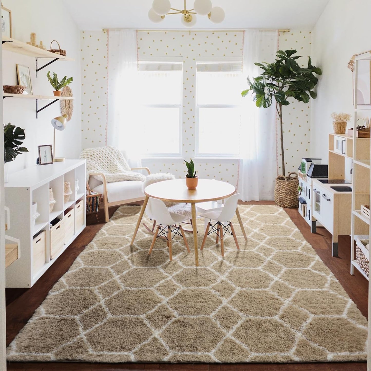 ONASAR Living Room Area Rug 6x9, Large Beige and White Geometric Floor Rugs for Bedroom Home Decor Aesthetic, Soft Fuzzy Shaggy Plush Fluffy Moroccan Carpet for Teen Nursery Dorm Classroom Office