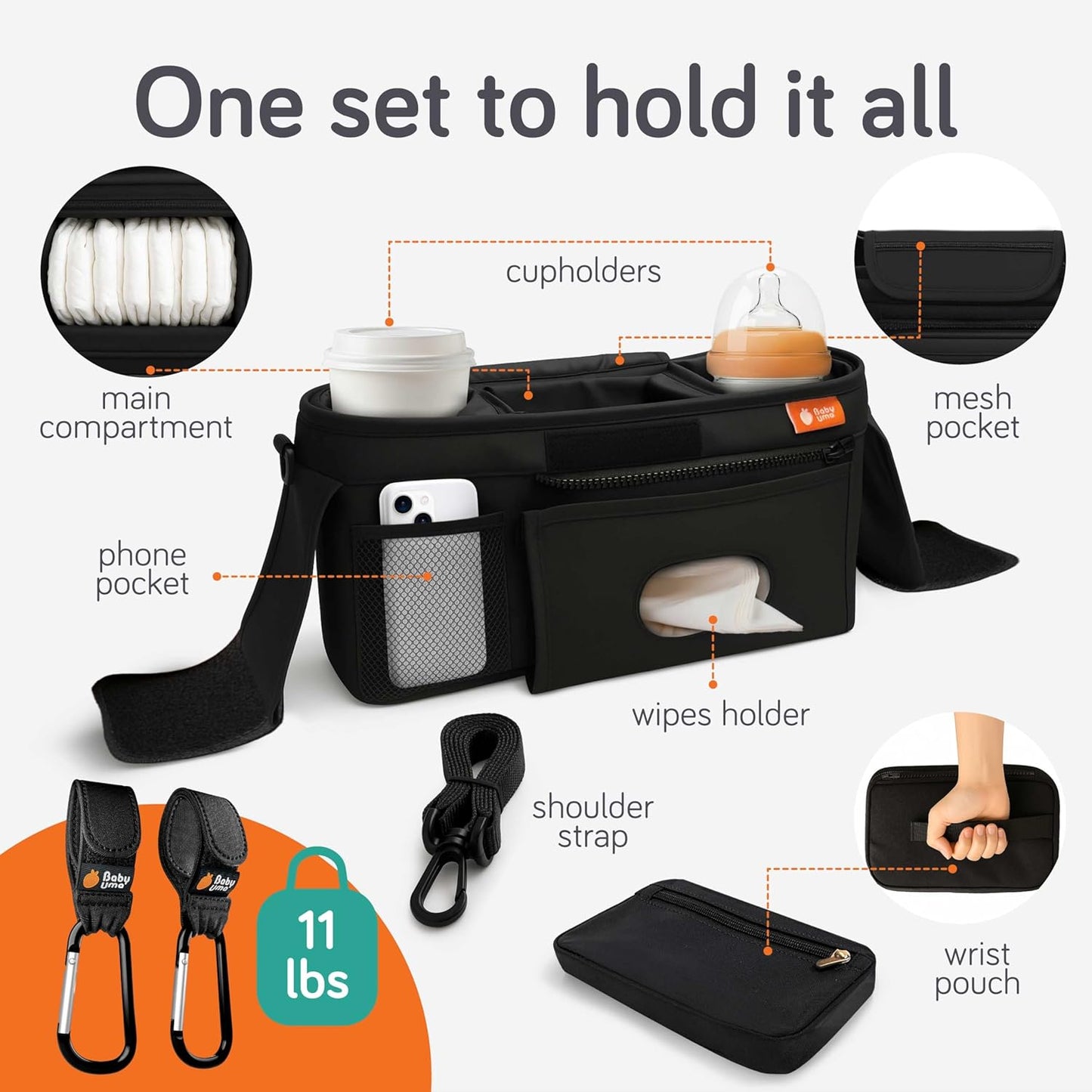 Baby Uma Stroller Caddy & Stroller Hooks - Universal Organizer Bag with XL Insulated Cup Holder, Phone Pocket, Wipes Dispenser, Wrist Bag & Mesh Pocket + 2 Carabiner Clips, Baby Travel Essential Kit