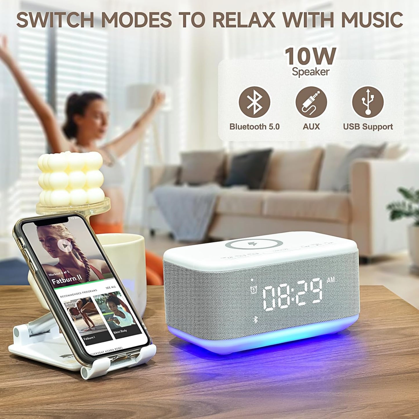 Alarm Clock Speaker Wireless Charger, Digital Alarm Clocks Bedrooms Bluetooth, Alarm Clock Dimmable Light Bedrooms Dual Alarm Snooze Dimmer 12 24H RGB Night Light Bluetooth USB AUX, Gray