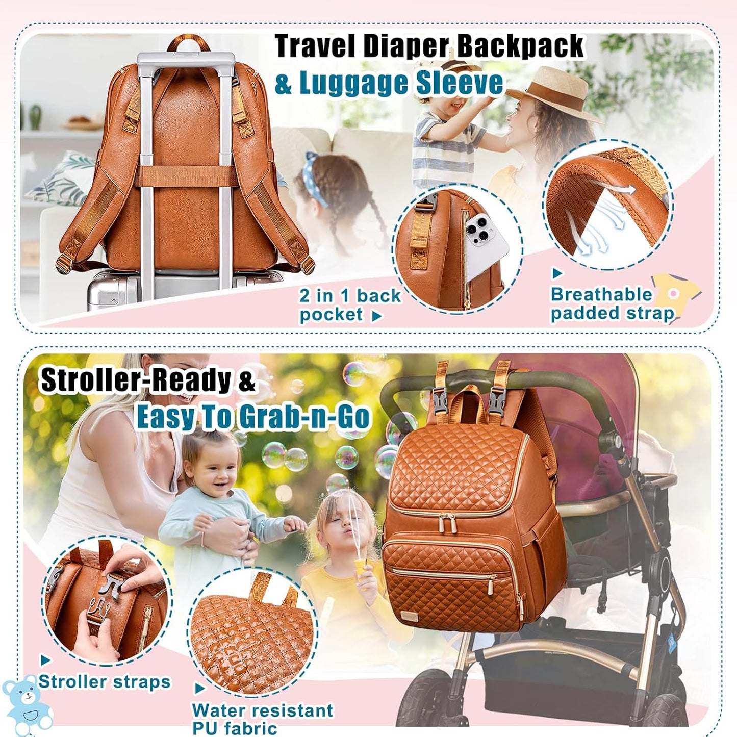 Weitars Diaper Bag Backpack Leather Baby Diaper Bag with Changing Pad Travel Diaper Backpack,Baby Bag for Mom,Stroller Straps,5 Insulated Pockets (Brown Leather)
