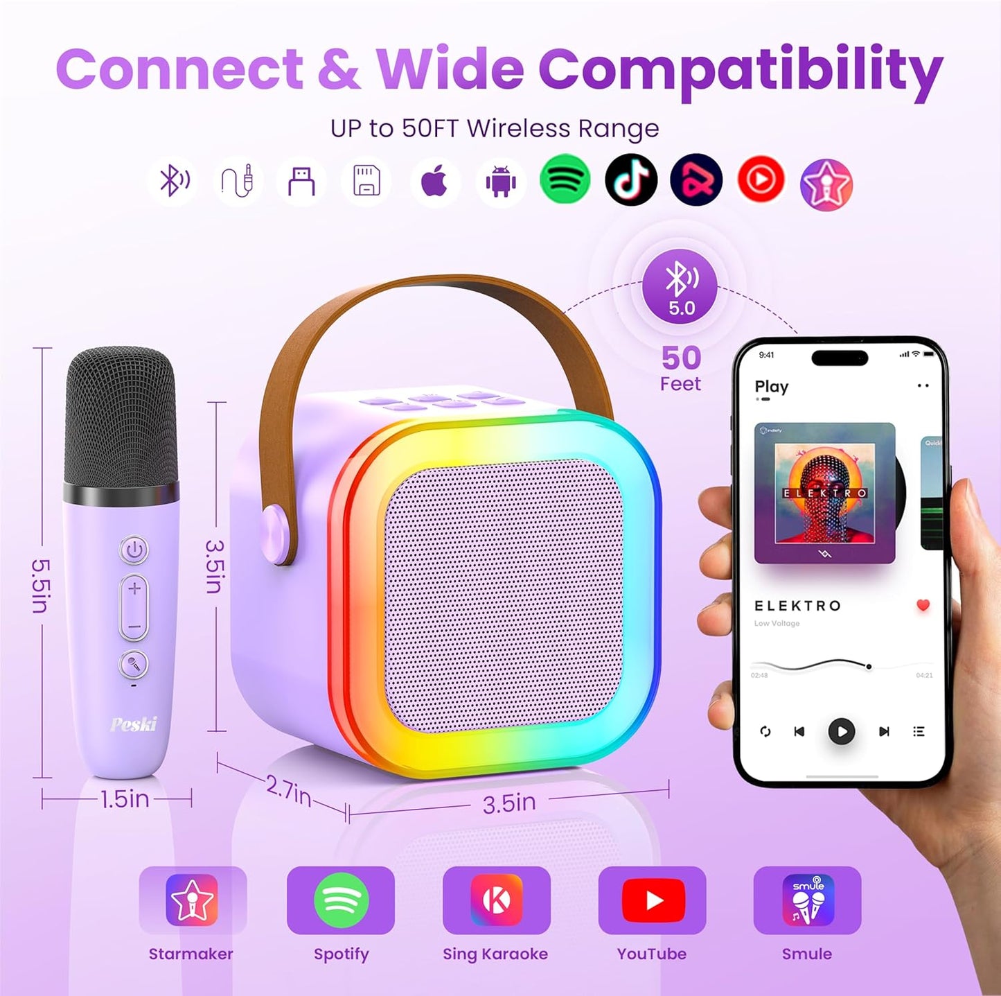 Peski Karaoke Machine for Kids Adults, Portable Bluetooth Mini Karaoke Microphone Singing Speaker with 2 Wireless Mic and Light,Toys for All Smartphones,Birthday, Family,Home Party (Purple)