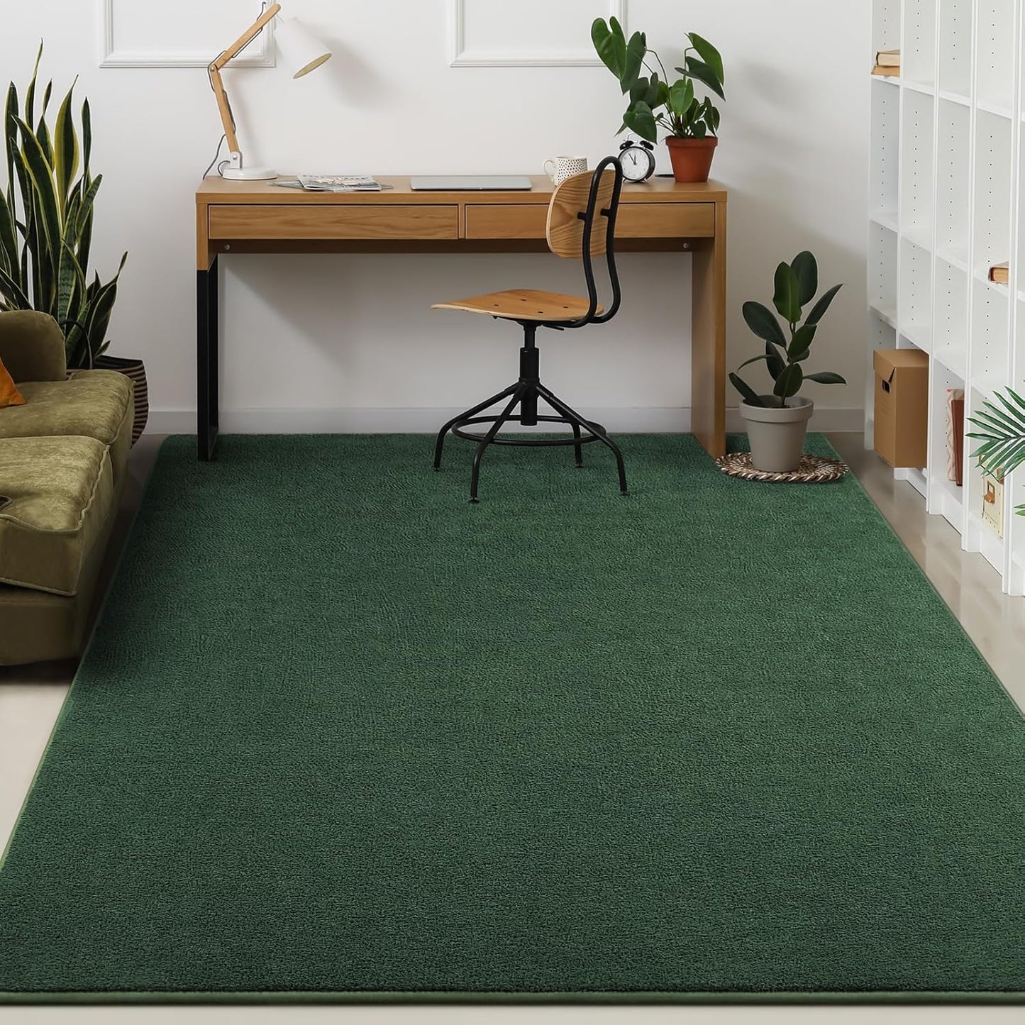 Kimicole 7x10 Washable Area Rugs for Living Room Bedroom, Large Low Pile Ulta-Thin Solid Color Rug, Non-Slip Soft Fluffy Carpet for Nursery Kids Room Dorm Room Home Decor (Dark Green)