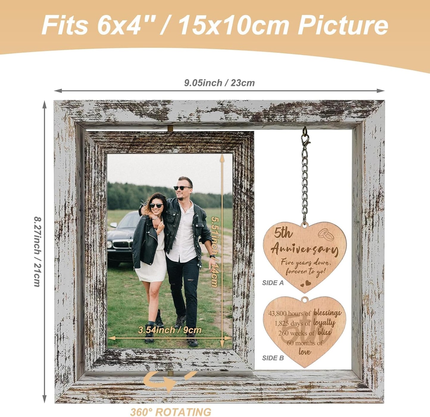 5 Year Anniversary Rotating Picture Frame for Her, Wood 5th Wedding Anniversary Photo Frame gifts for Wife Husband Him Couple, Display 2 6x4