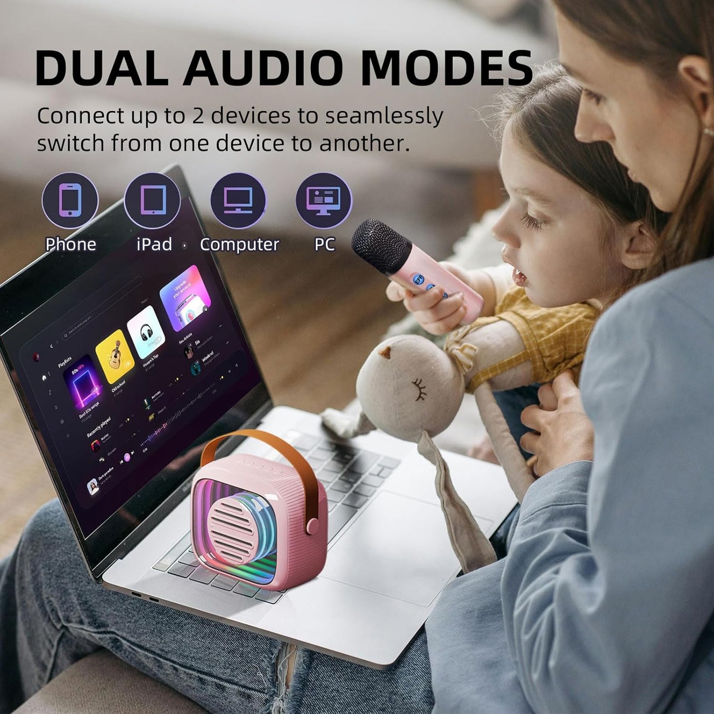 YF93 Kids Karaoke Machine with 7 Voice Effects, Bluetooth & Colorful LED Lights – Portable Singing Toy with Pro, Monster, KTV Modes for Home Parties(Pink)