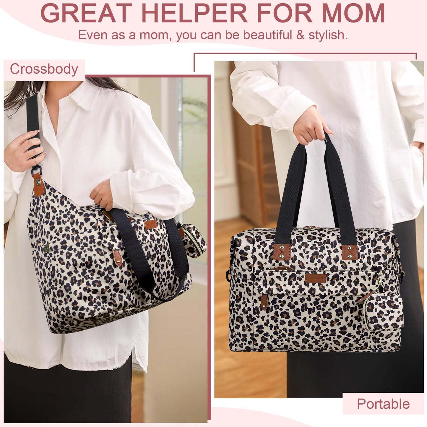 Diaper Bag Tote - Diaper Baby Bags with Pacifier Case, Shoulder Straps, Stroller Clips, Waterproof Large Mommy Maternity Travel Baby Bag for Mom and Dad, Leopard Print