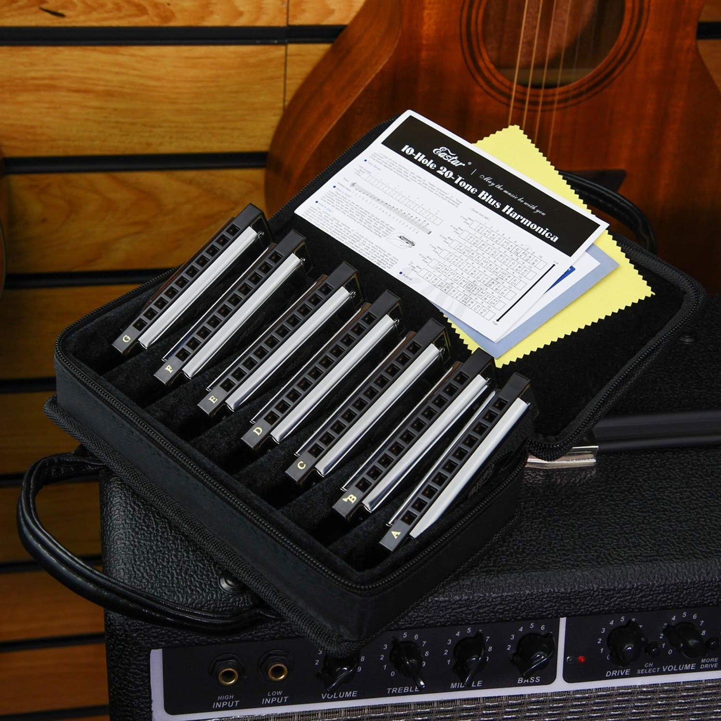 Eastar Major Blues Harmonica Sets 7 Keys Diatonic in Key of C D E F G A Bb for Adults Beginners Students Kids 7-Pack, Carrying Case, Cleaning Cloth