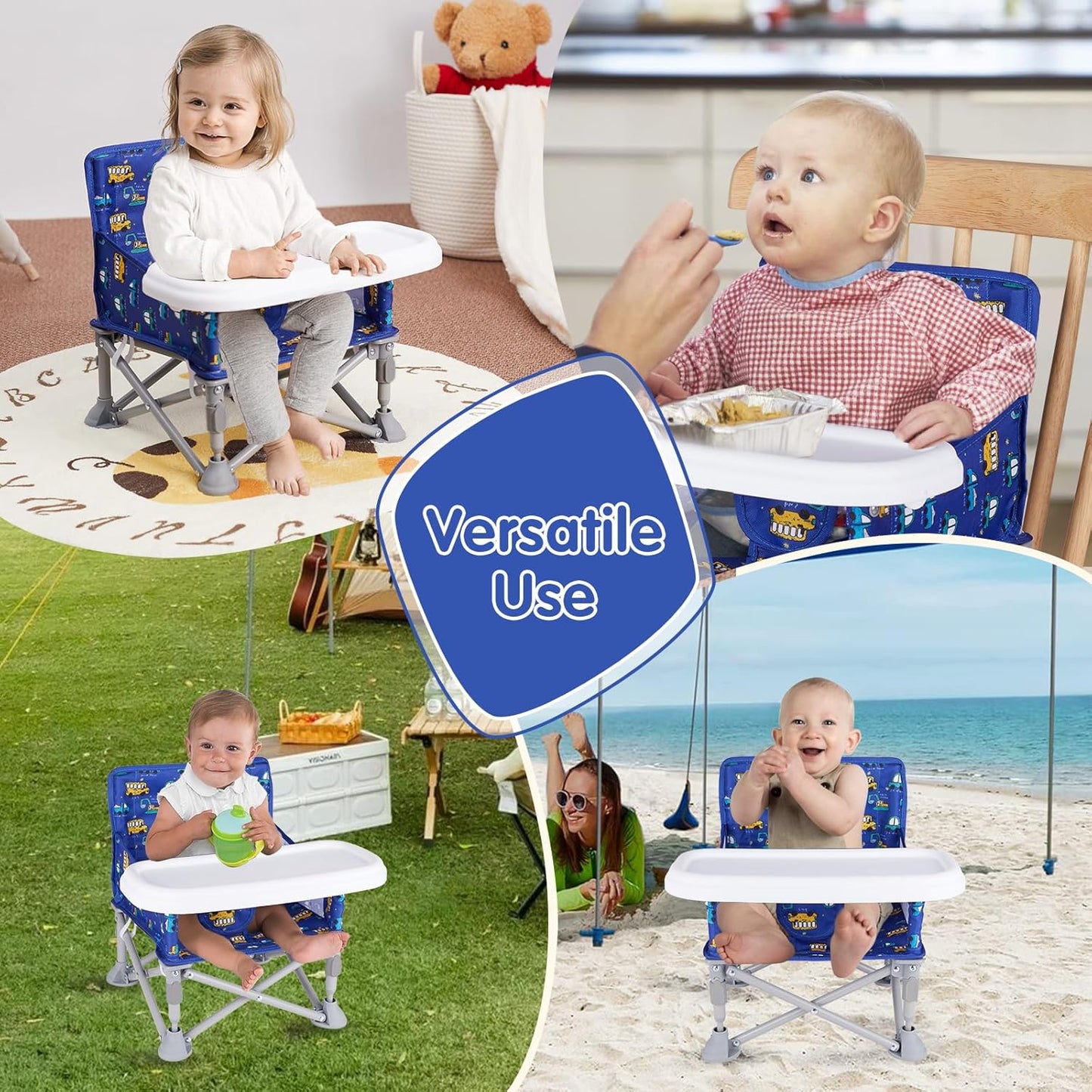 Portable Baby Booster Seat with Tray, Toddler Booster seat for Dining, Camping, Travel, Baby Beach Chair 6 Months to 3 Years Old Indoor Outdoor Use CH2406