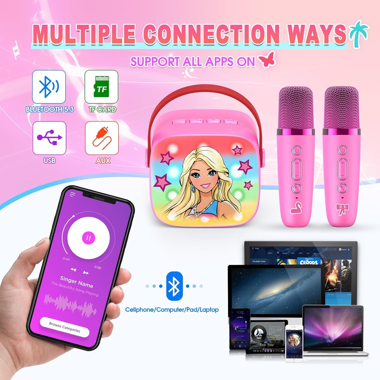 Princess Mini Karaoke Machine Toys: Kids Toys Girls Birthday Gifts Age 3-12+ LED Portable Bluetooth Speaker with 2 Wireless Microphone Gift Toy for 4 5 6 7 8 9 Years Old Girl Boy Kid Adult