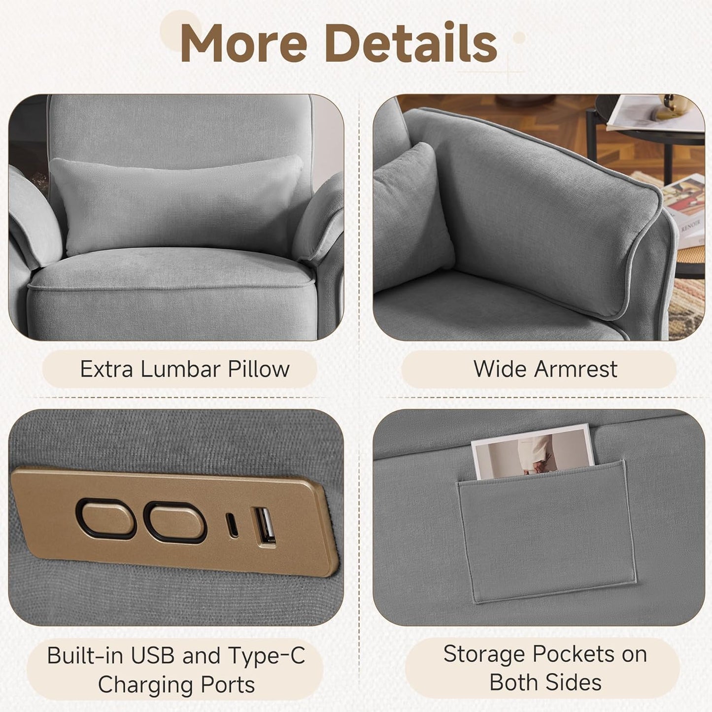 MELLCOM Power Recliner Rocking Chair Nursery Gliders with Adjustable Armrests and Headrest, Swivel Electric Glider Reclining Nursing Chair with USB Port and Storage Bags, FSC Certified