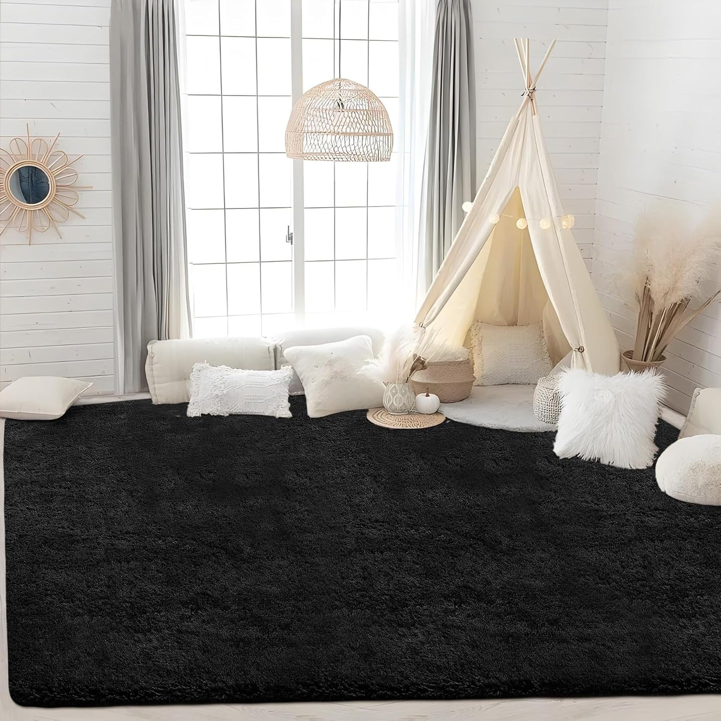 4x6 Area Rug for Living Room: Fluffy Shag Soft Washable Rugs Fuzzy Plush Indoor Carpet for Bedroom Nursery Playroom Dorm Kids Girls Boys Room (Black, 4'x6')