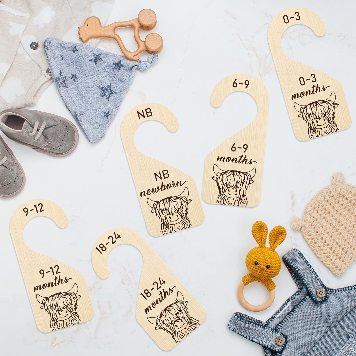 R HORSE 8Pcs Highland Cow Baby Closet Dividers, Double Sided Baby Closet Organizers Nursery Hanger Dividers Wood Size Dividers for Boy Girl Birthday Christmas Gift (0-24 Months)