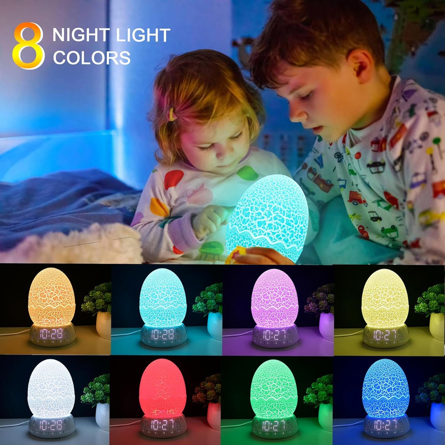 Upgraded Dinosaur Egg Alarm Clock/Digital Clock/Night Light/Music & White Noise Aid Sleep Machine/Bluetooth Speaker, Decor Ideal & Unique Lamp for Bedroom/Living Room, Gifts for Kids