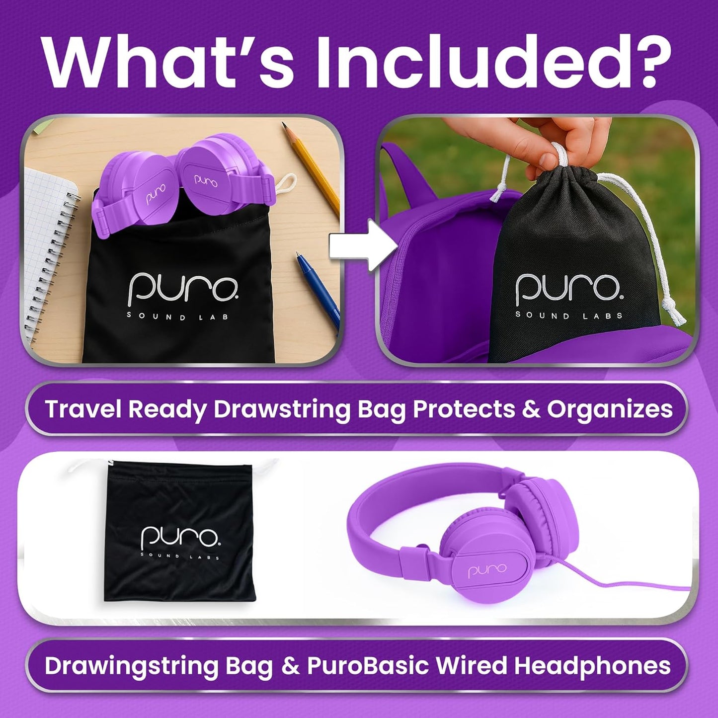 Puro Sound Labs PuroBasic Wired Headphones for Kids - Volume-Limiting & Adjustable with Microphone – Compatible with Smartphones, Tablets, PCs, and More – Safe, Durable Headphones for Kids – Purple