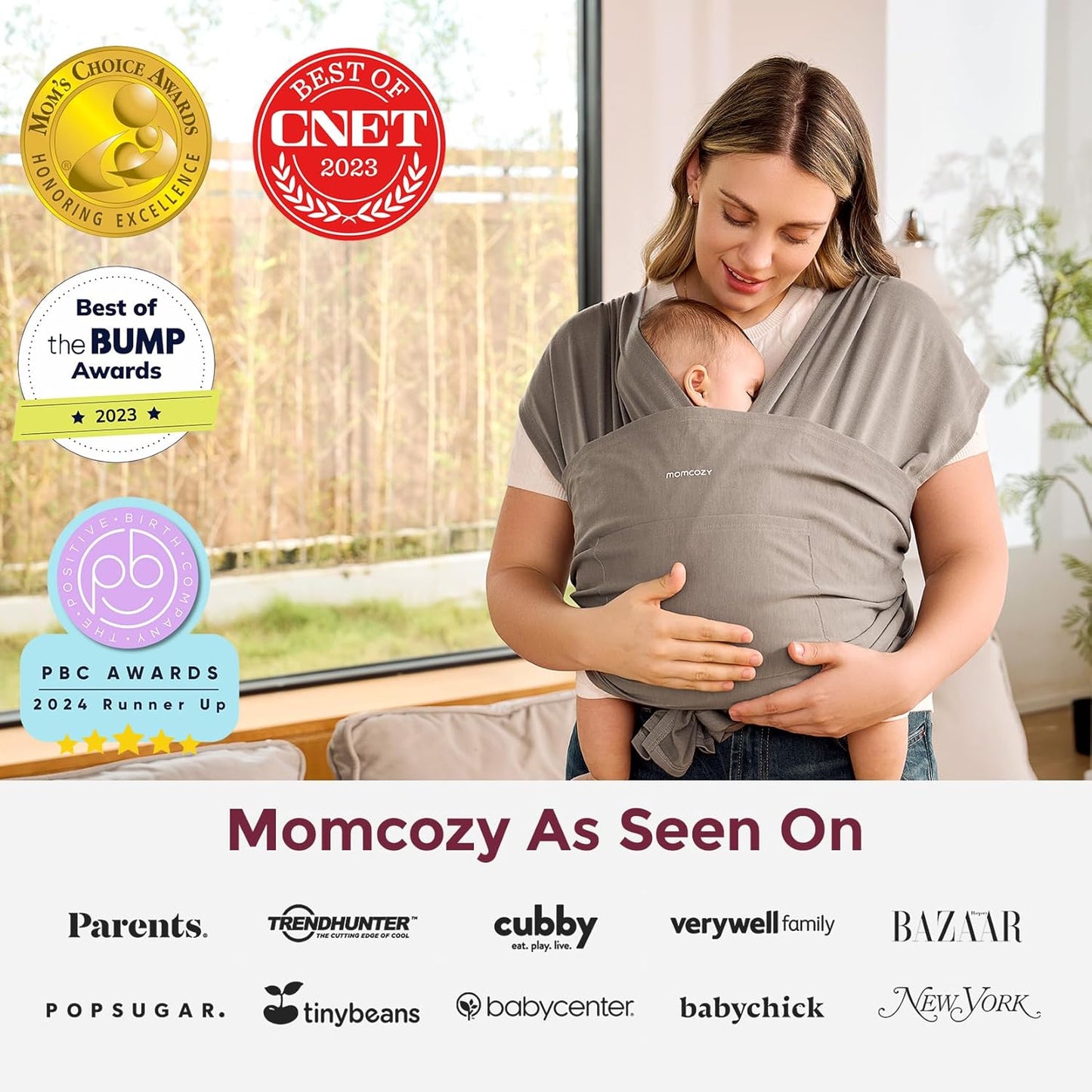 Momcozy Baby Wrap Carrier - Easy to Wear Infant Carrier Slings, Lightweight Hands Free Baby Sling, Adjustable Baby Carriers for Newborn to Toddler 8-35 lbs, Baby Wraps Carrier, Brown
