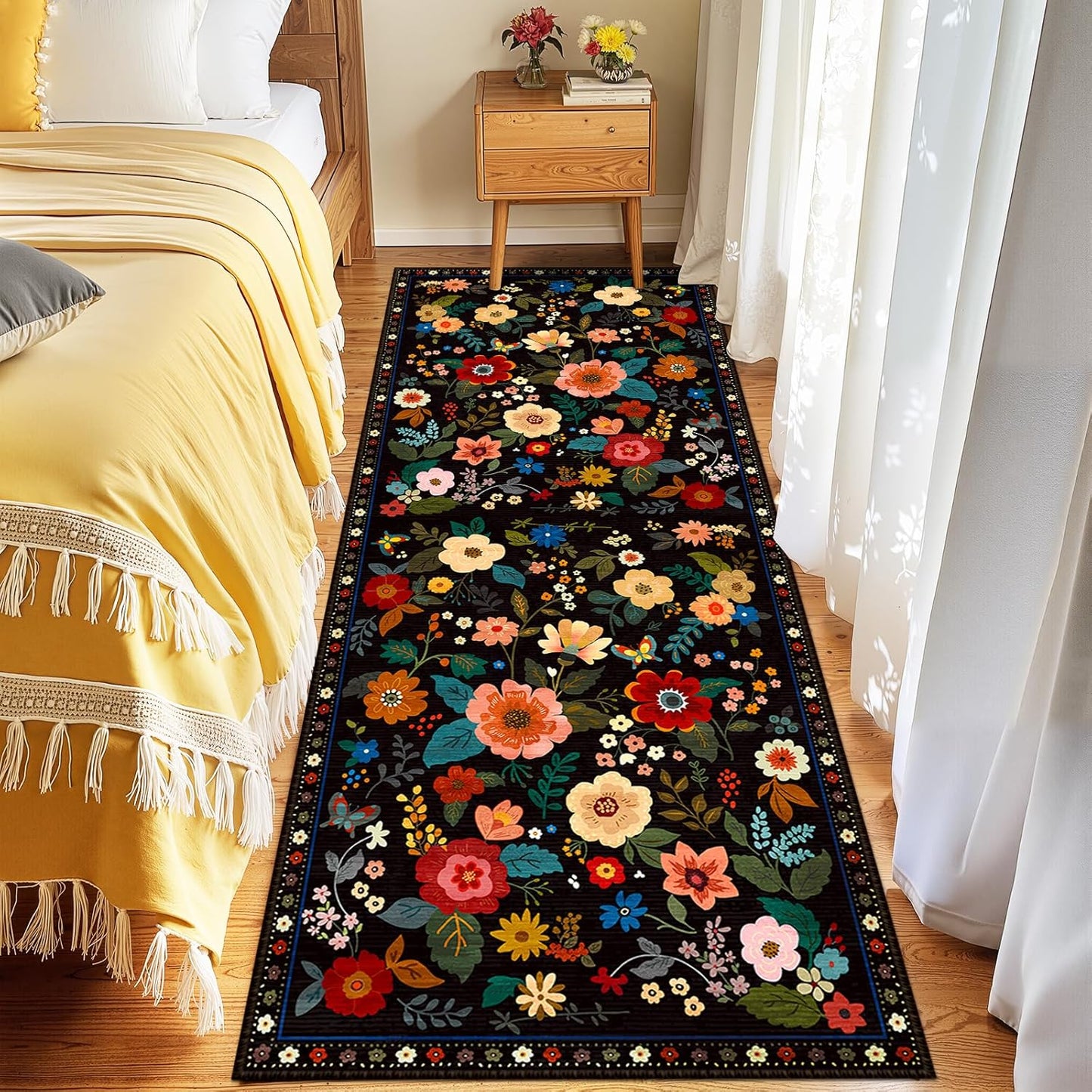 Floral 2x8 Area Rug Machine Washable Soft Print Boho Carpet Non Slip Doormat Low Pile Flower Area Rugs for Living Room Bedroom Nursery Kitchen Dining Room Indoor-Black
