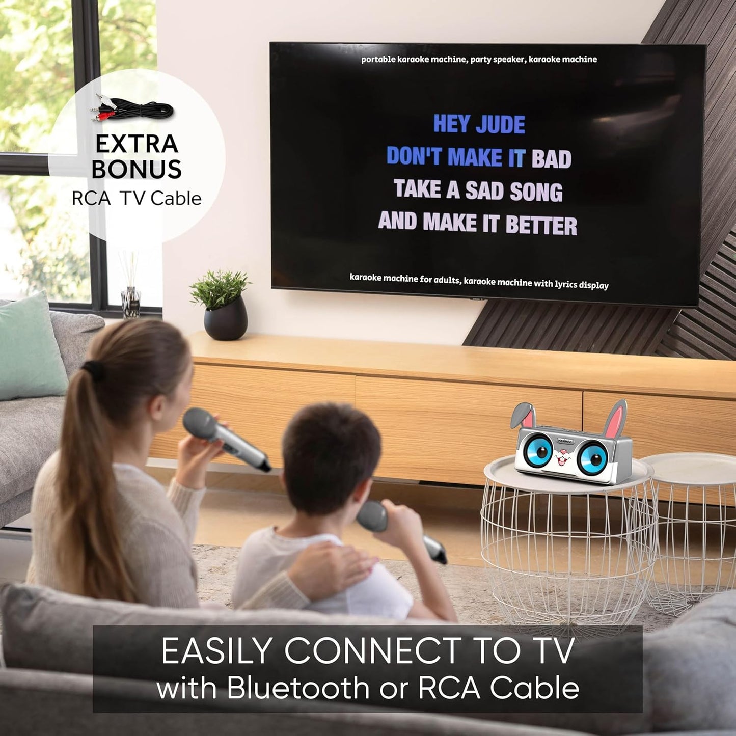 Rabbit Karaoke Machine for Kids, Children and Toddlers with 2 Wireless Bluetooth Microphones, Portable PA Speaker System Includes Lyrics Display Phone Holder, TV Cable and Singer Vocal Removal Mode