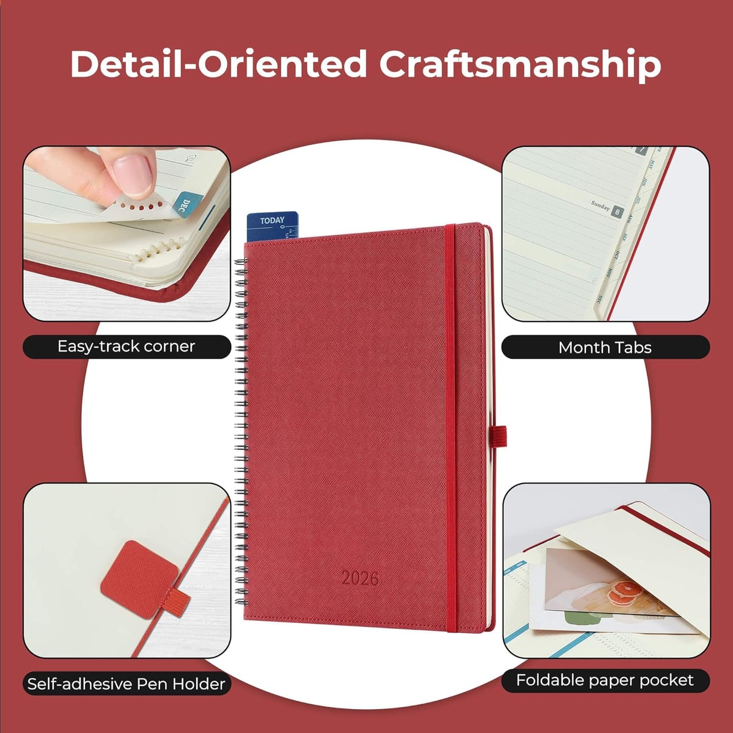 Planner 2026 Daily Weekly and Monthly,11.5"x8.5",12 Months Spiral Bound Calendar Agenda with Self-adhesive Pen Holder,2026 Appointment Book with Vegan Leather Soft Cover,Red