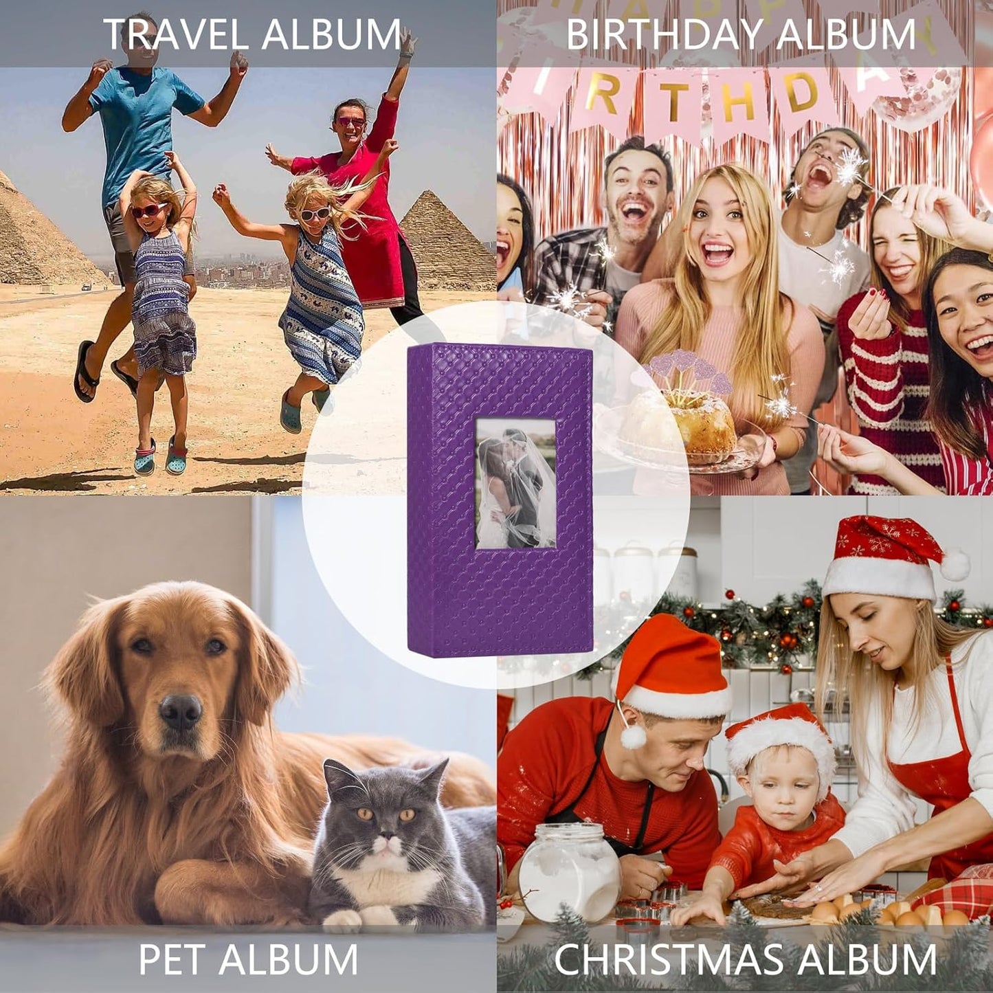 RECUTMS Photo Album for 4x6 300 Photos, 3 Per Pages Photo Picture Album PU Leather Button Grain Cover, Horizontal Photos Record Wedding Family Baby Anniversary Birthday Graduation Travel (Purple)