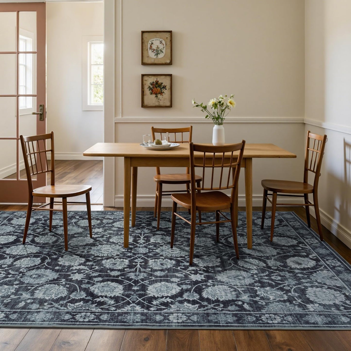 Area Rug 5x7 for Living Room & Bedroom, Large Washable Rugs, Soft & Non Slip, Vintage Carpet, Low Pile Wool Carpets for Indoor Under Table Dining Home Office Nursery Playroom, Black