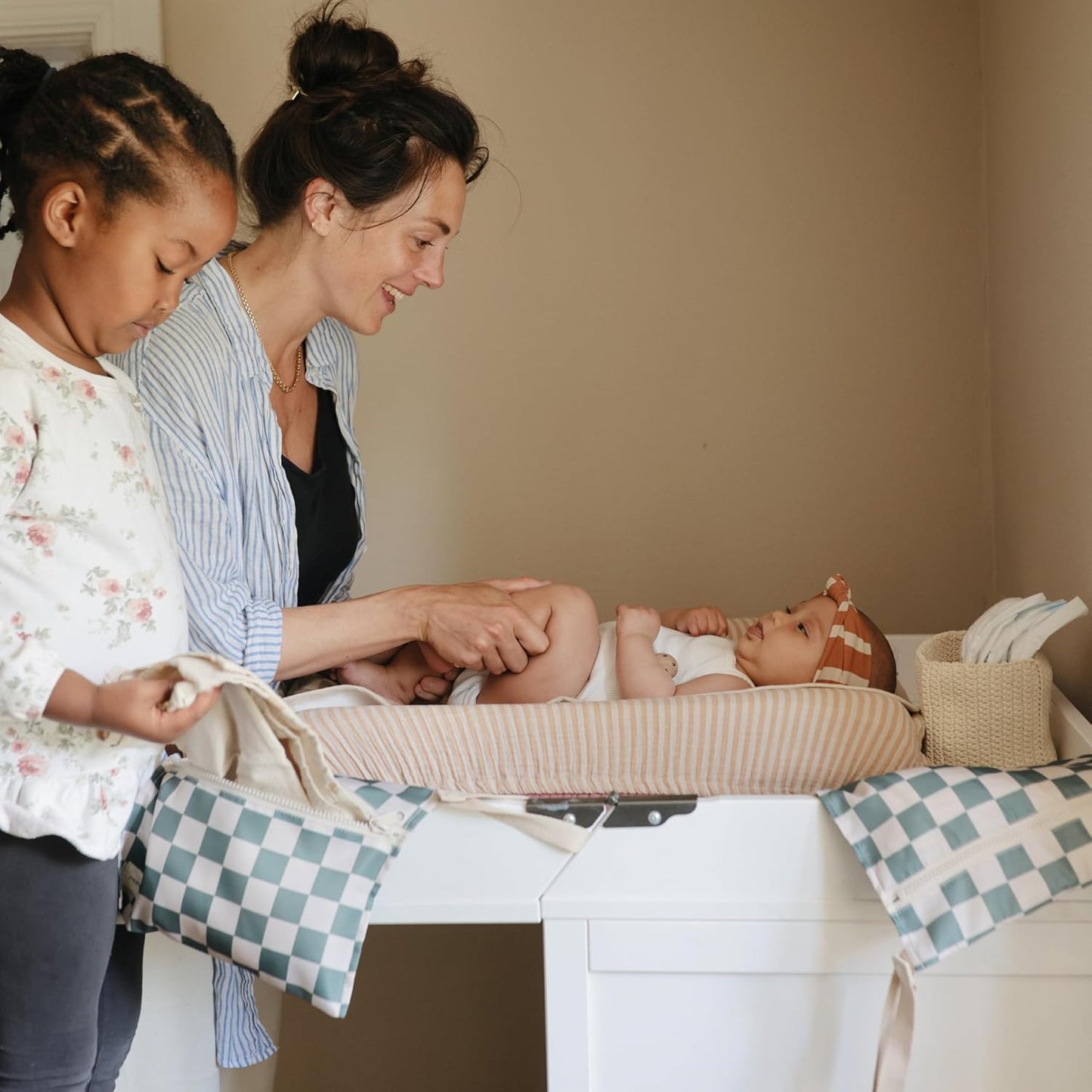 mushie Water Resistant Wet Bags | Large & Small Reusable Storage Bag for Baby Items and Travel | Zippered Pockets with Handle | Machine Washable, Set of 2 (Olive Check)