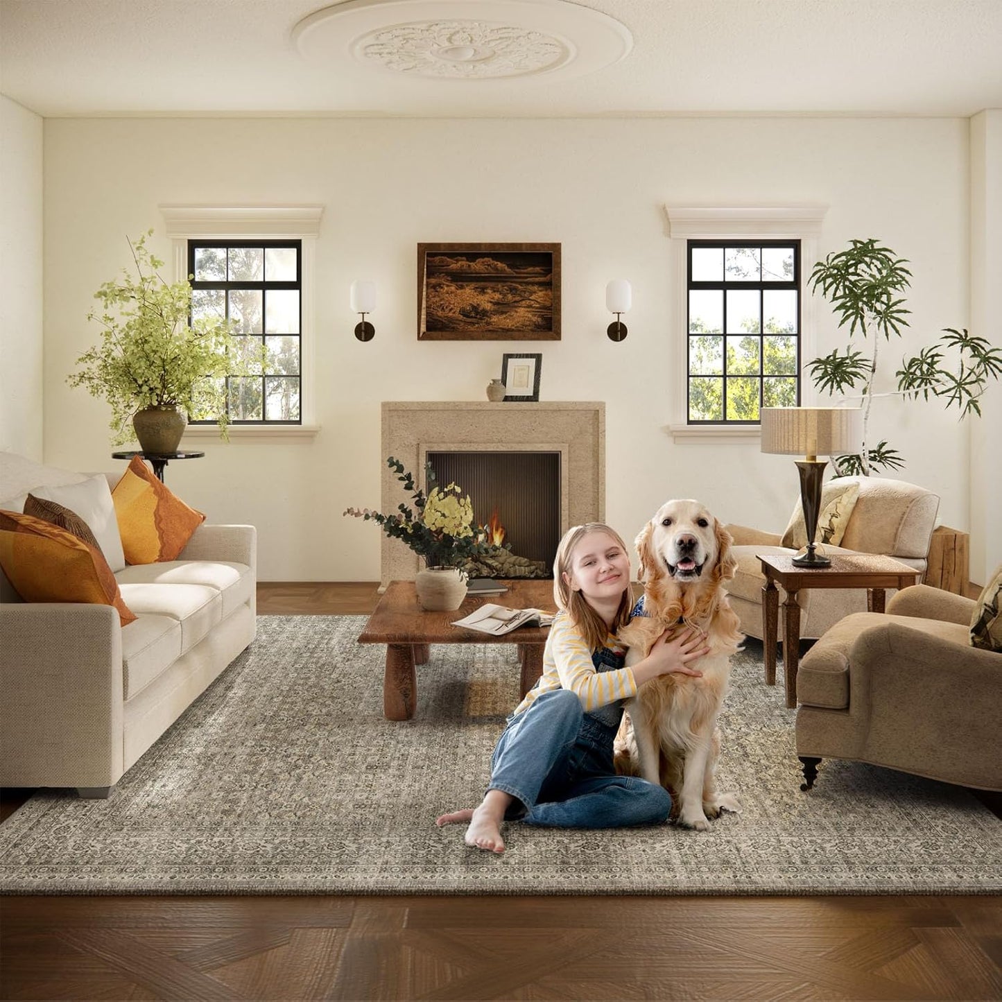 Washable Area Rugs for Living Room: 5x7 Bedroom Area Rug Boho Vintage Rugs Stain Resistant Non Slip Low Pile Soft Lightweight Carpet for Kitchen Dining Room Farmhouse Nursery Kids Room