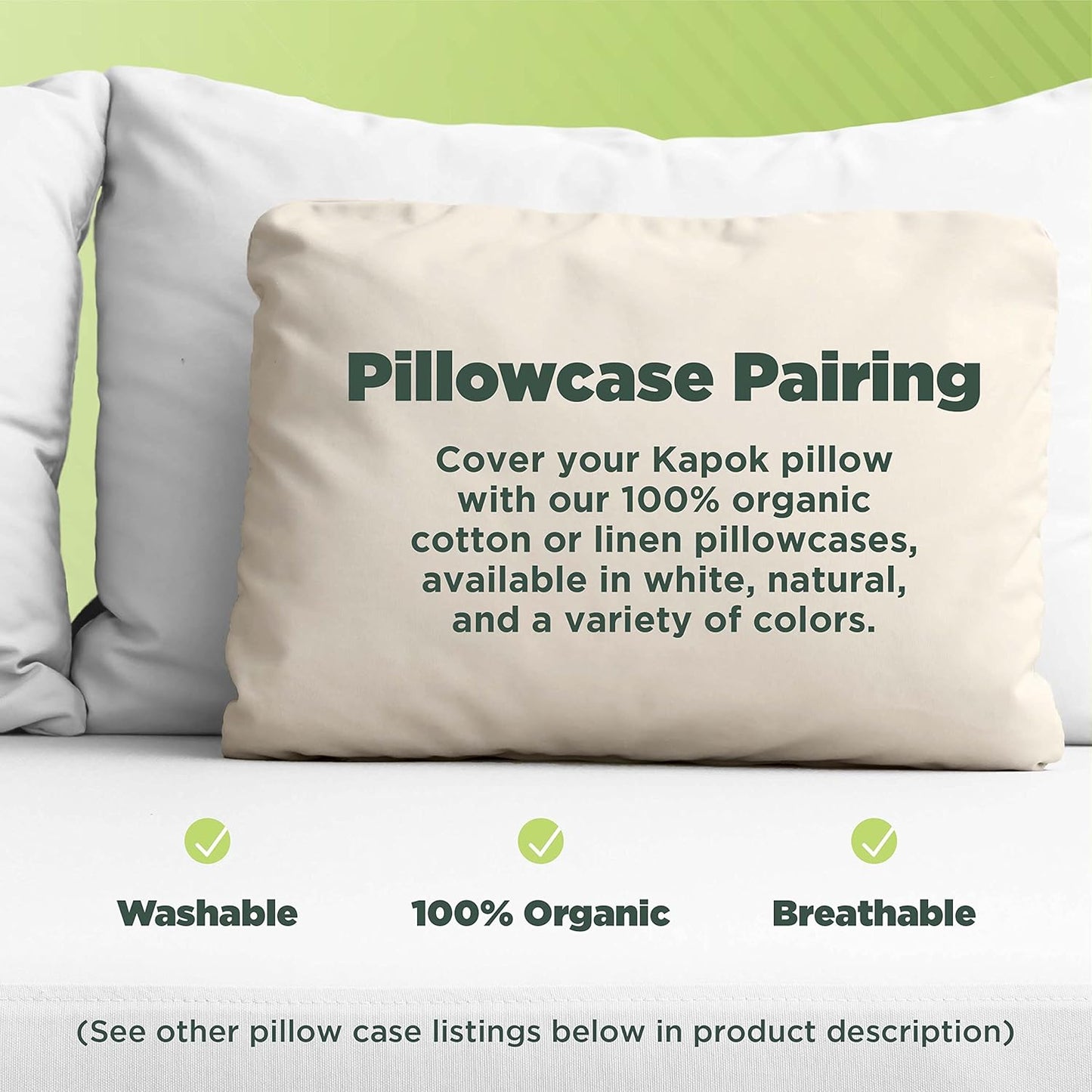 Bean Products Standard Organic Kapok Pillow + Natural Org Case - 20" x 26" - Organic Cotton Zippered Shell - Made in USA